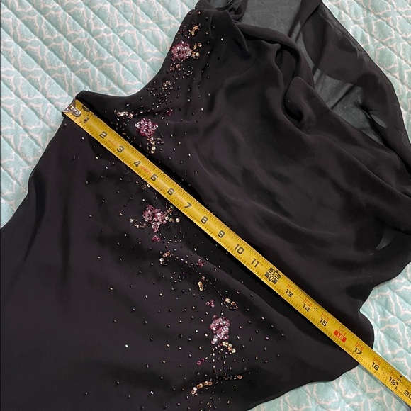 cowlneck bias cut dark floral beaded asymmetric dress - Picture 6 of 7